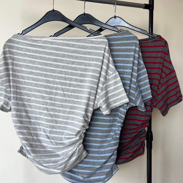 ASYMETRICAL STRIPED GATHERED T SHIRT